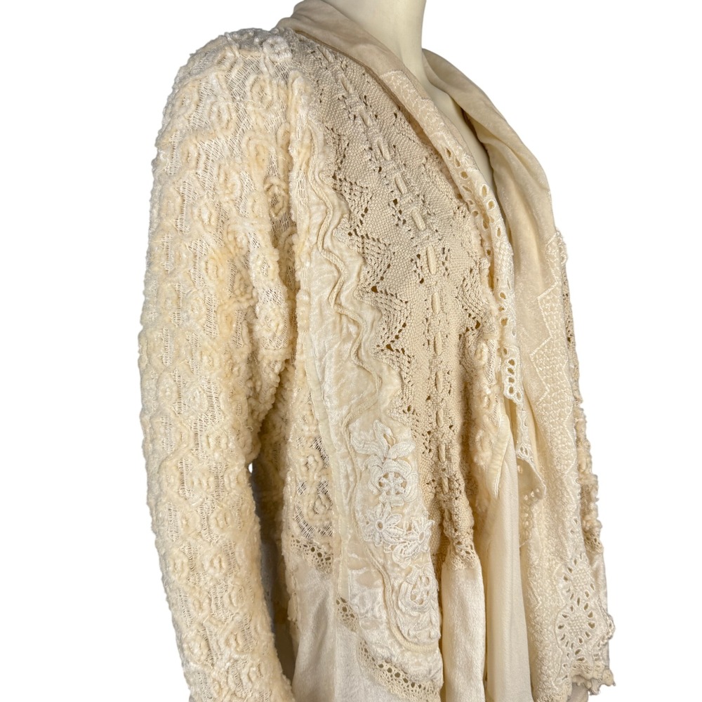 Ivory Boho Lace Waterfall Cardigan‎ L Sweater Made in Italy Open Knit Romantic - Picture 9 of 11